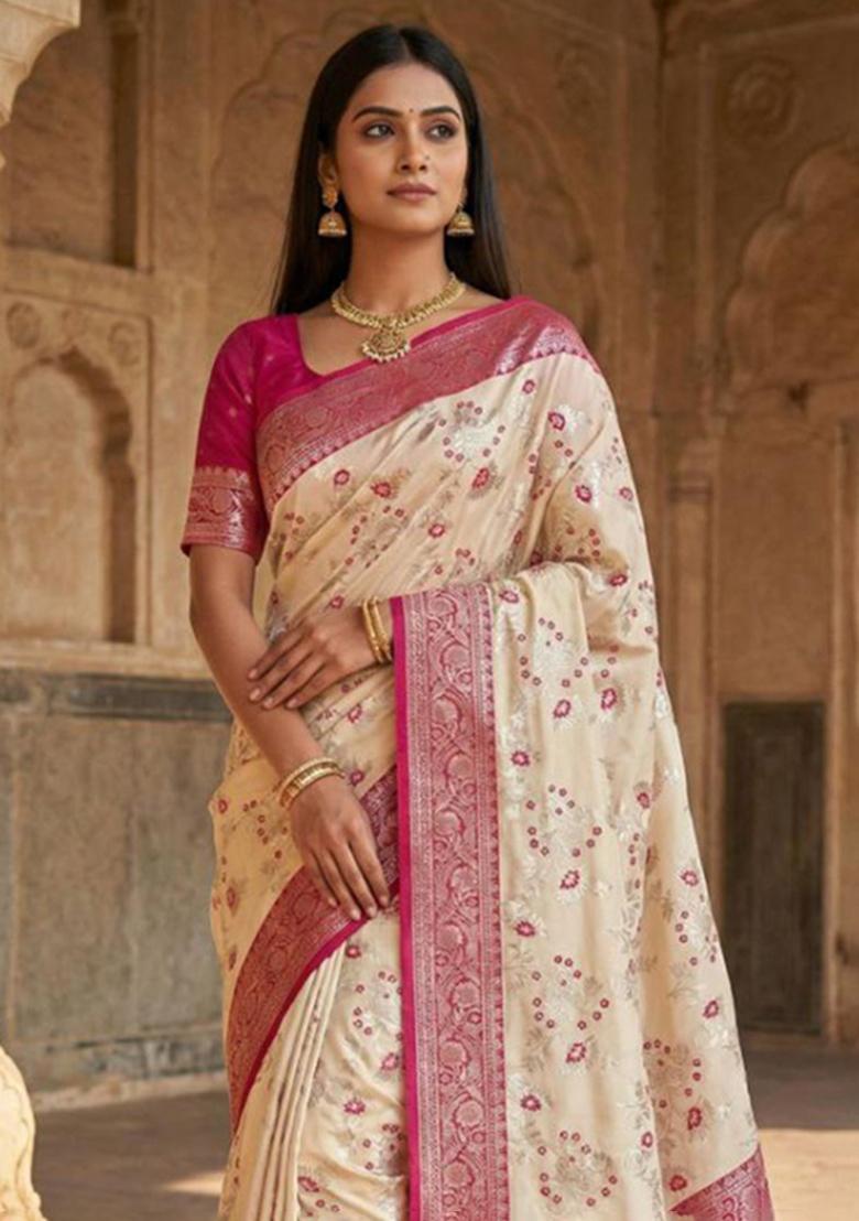 White Zari Work Banarasi Saree Set - Indya