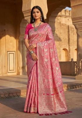 Peach Zari Work Banarasi Saree Set