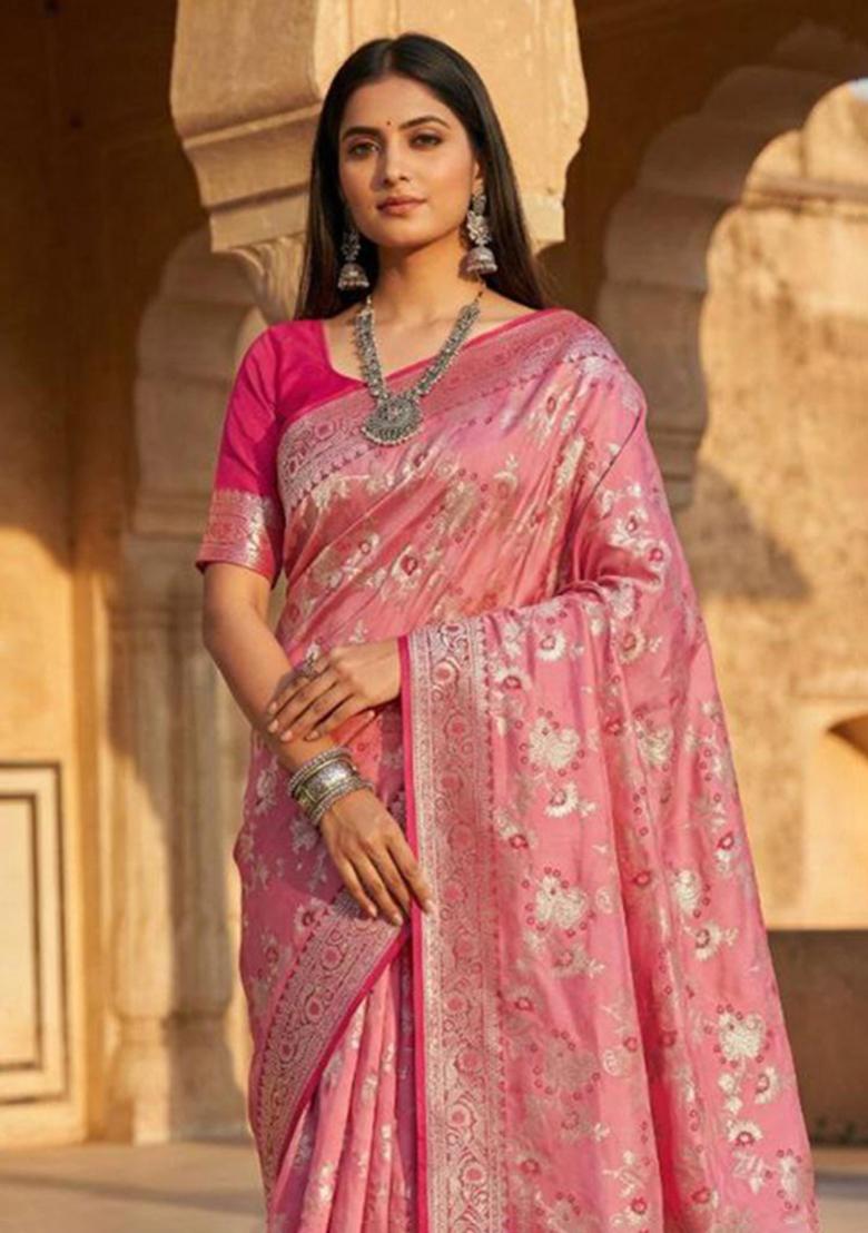Peach Zari Work Banarasi Saree Set - Indya