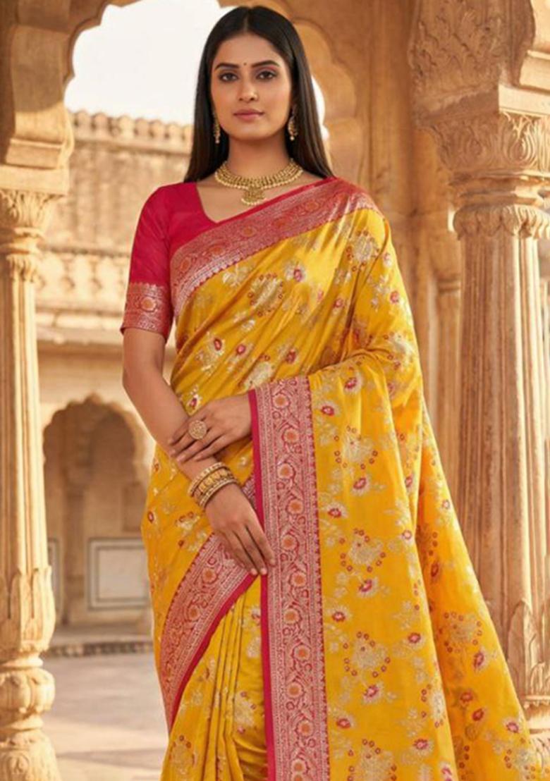 Yellow Zari Work Banarasi Saree Set - Indya