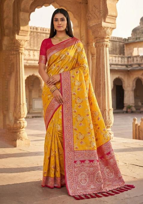 Yellow Zari Work Banarasi Saree Set