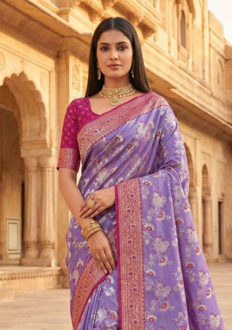 Lavender Zari Work Banarasi Saree Set - Indya