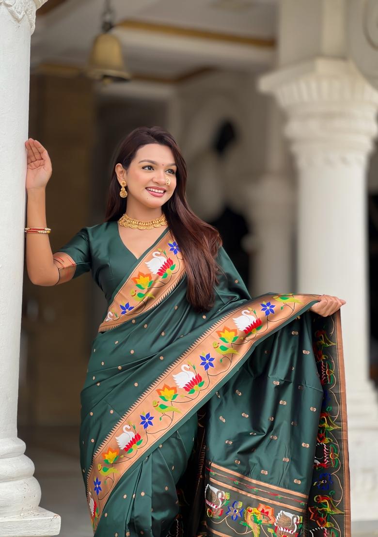 Green Zari Work Banarasi Saree Set - Indya