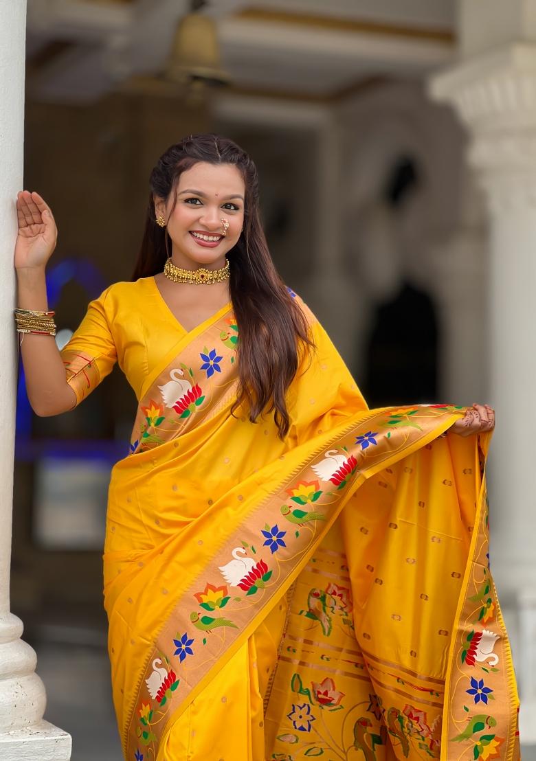 Yellow Zari Work Banarasi Saree Set - Indya