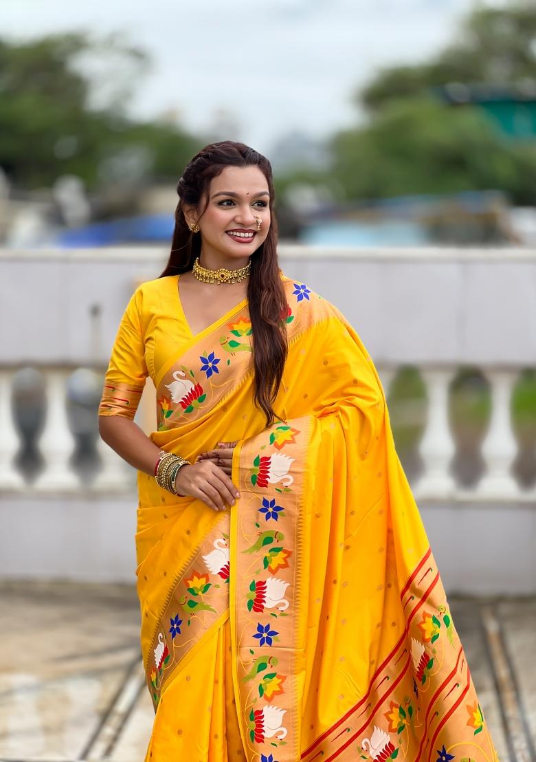 Yellow Zari Work Banarasi Saree Set - Indya