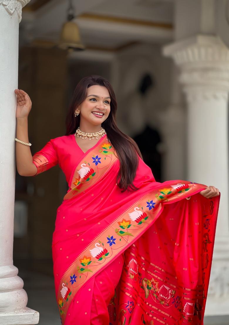 Pink Zari Work Banarasi Saree Set - Indya