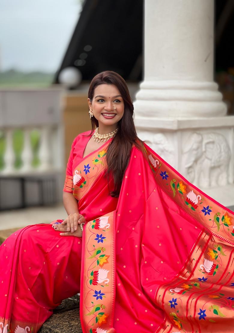 Pink Zari Work Banarasi Saree Set - Indya