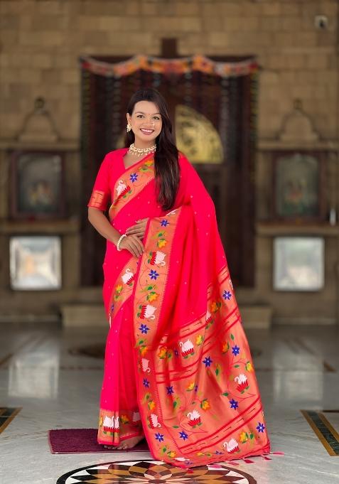 Pink Zari Work Banarasi Saree Set