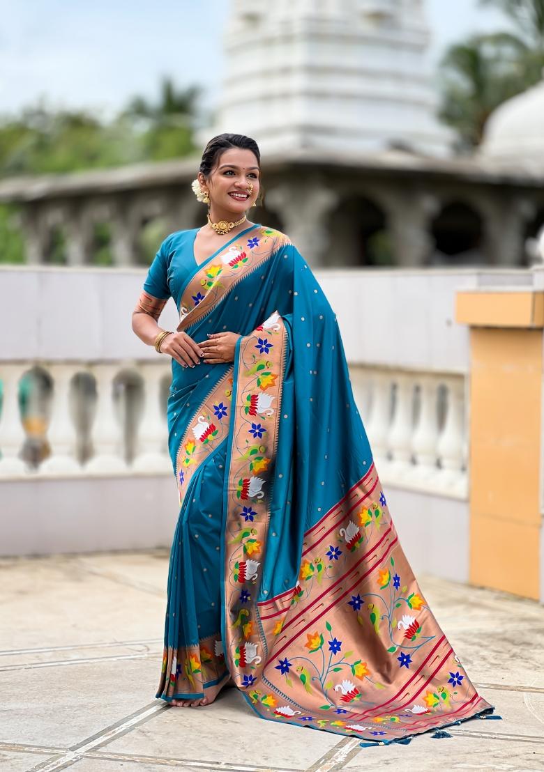 Sky Blue Zari Work Banarasi Saree Set - Indya