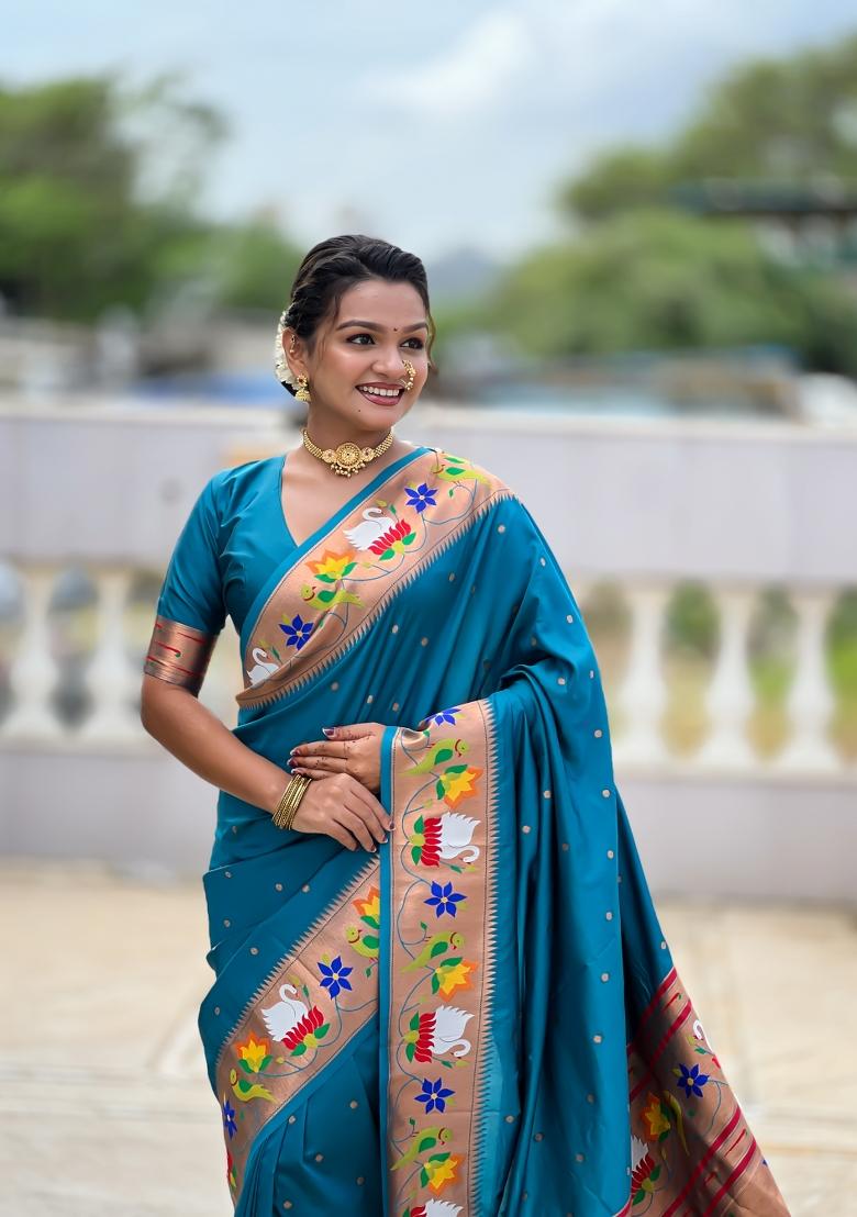 Sky Blue Zari Work Banarasi Saree Set - Indya