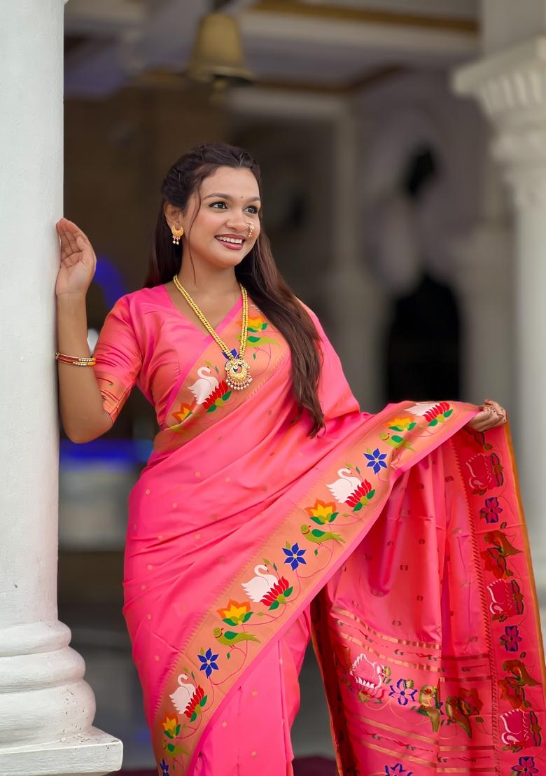 Pink Zari Work Banarasi Saree Set - Indya