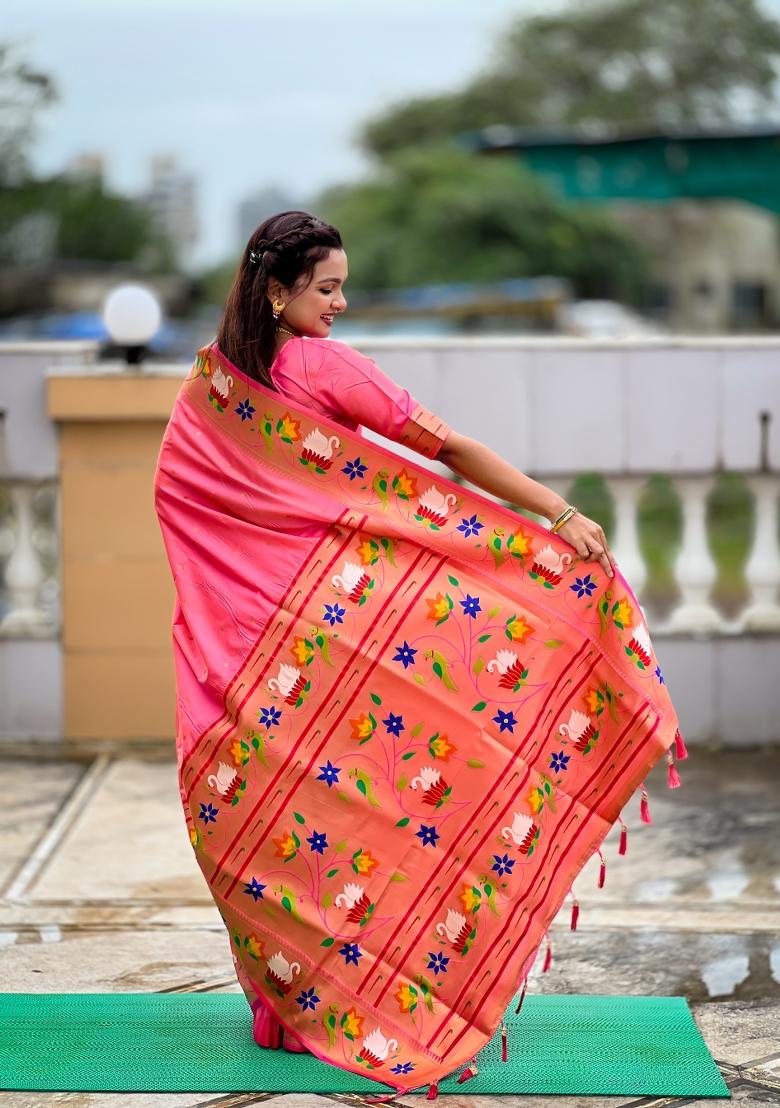 Pink Zari Work Banarasi Saree Set - Indya