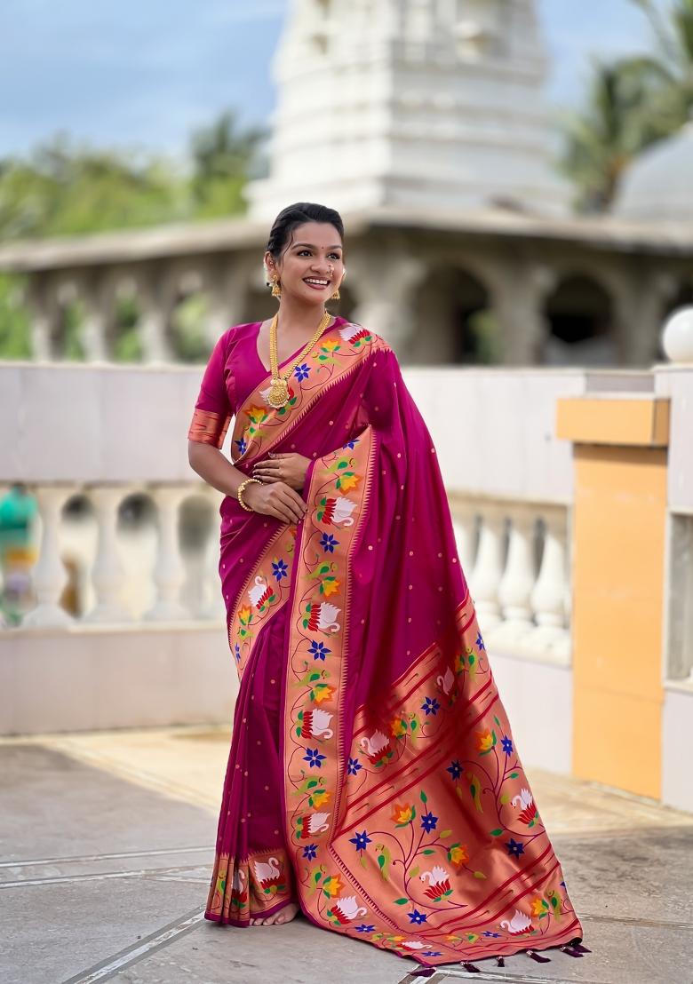 Wine Zari Work Banarasi Saree Set - Indya
