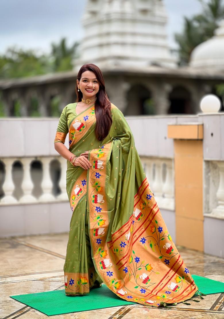 Green Zari Work Banarasi Saree Set - Indya