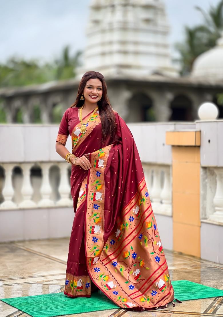 Maroon Zari Work Banarasi Saree Set - Indya