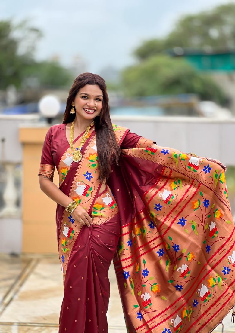 Maroon Zari Work Banarasi Saree Set - Indya