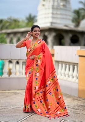 Orange Zari Work Banarasi Saree Set