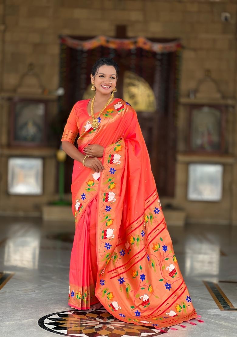 Orange Zari Work Banarasi Saree Set - Indya