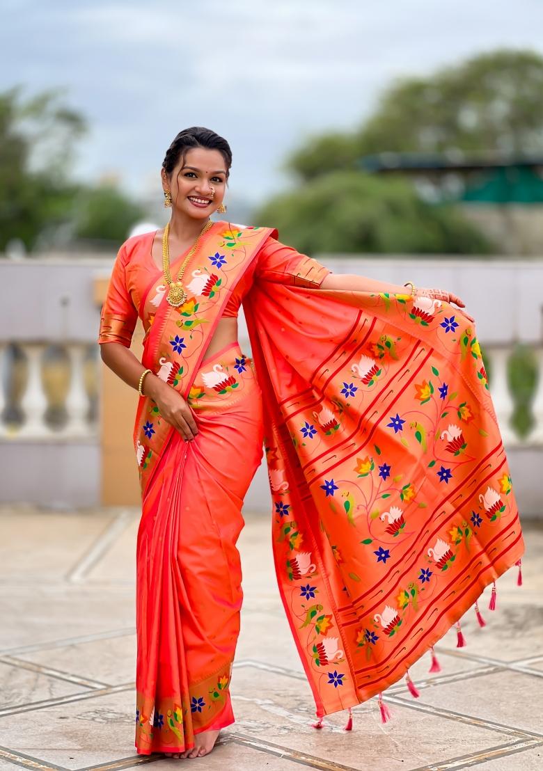 Orange Zari Work Banarasi Saree Set - Indya