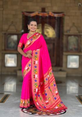 Rani Pink Zari Work Banarasi Saree Set
