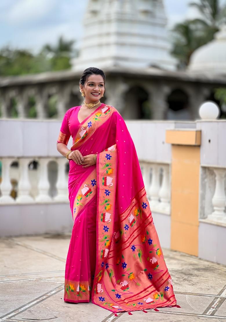 Rani Pink Zari Work Banarasi Saree Set - Indya