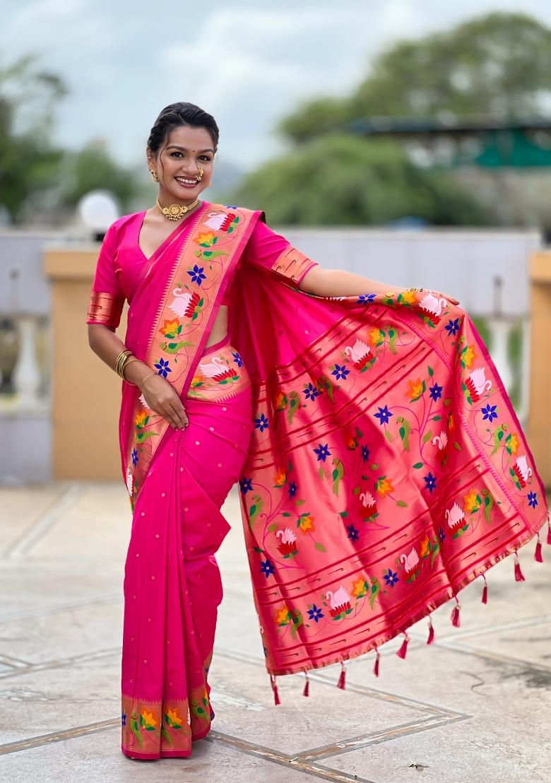 Rani Pink Zari Work Banarasi Saree Set - Indya