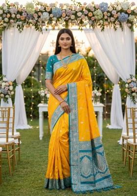 Yellow Zari Work Banarasi Saree Set