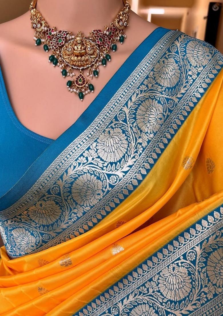 Yellow Zari Work Banarasi Saree Set - Indya