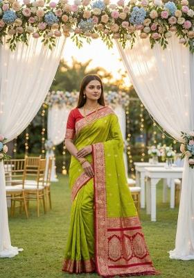 Parrot Green Zari Work Banarasi Saree Set
