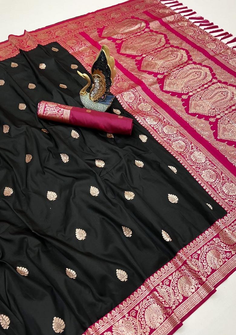 Black Zari Work Banarasi Saree Set - Indya