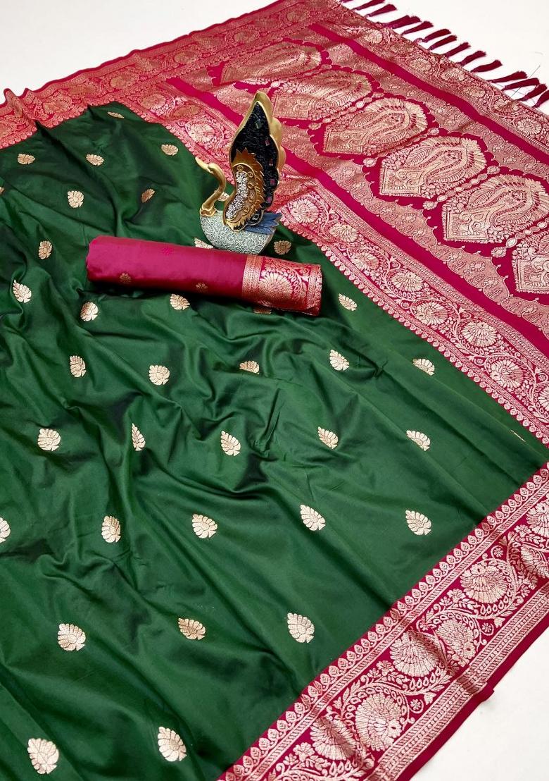Green Zari Work Banarasi Saree Set - Indya