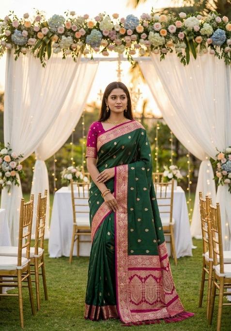 Green Zari Work Banarasi Saree Set