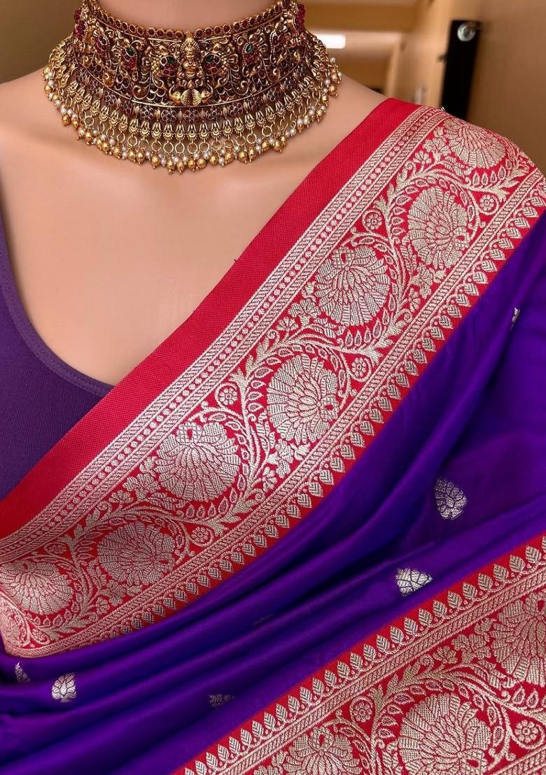 Violet Zari Work Banarasi Saree Set - Indya