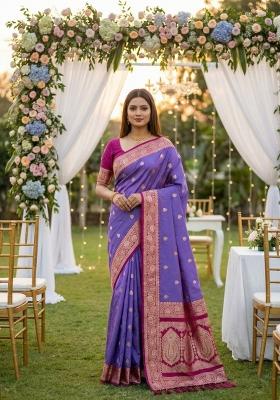 Purple Zari Work Banarasi Saree Set