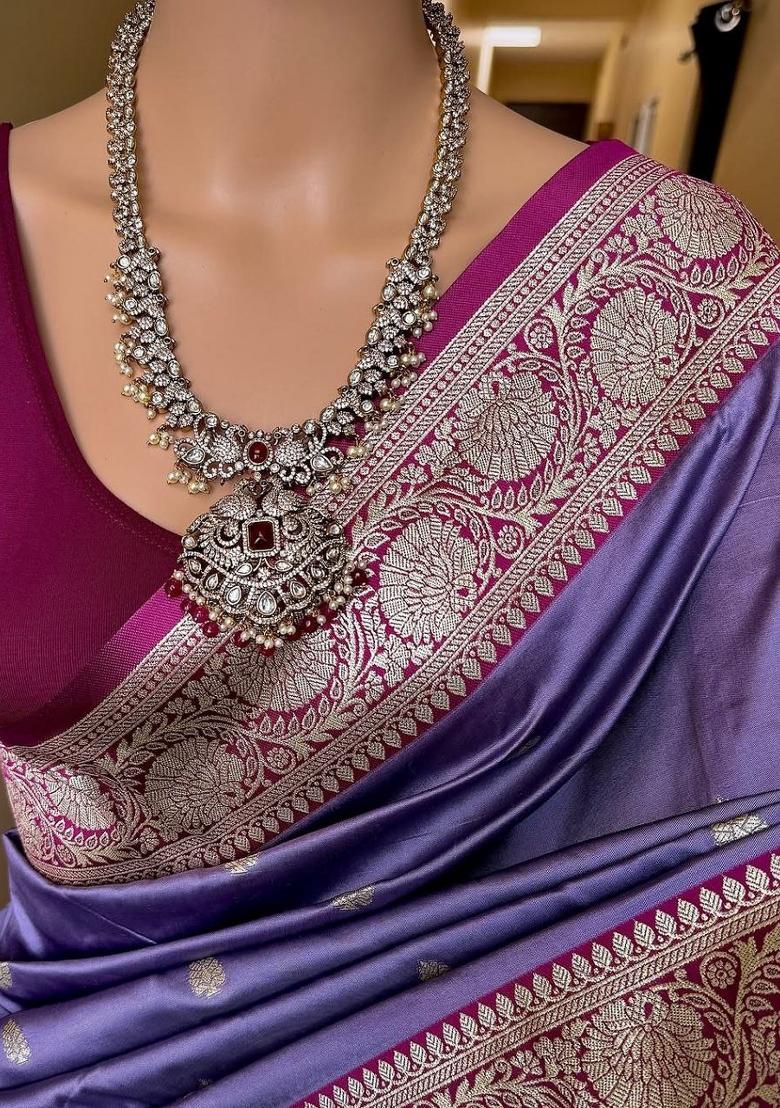 Purple Zari Work Banarasi Saree Set - Indya