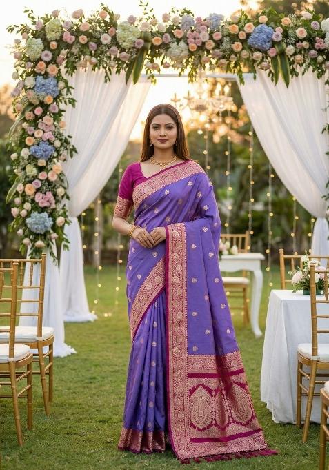 Purple Zari Work Banarasi Saree Set