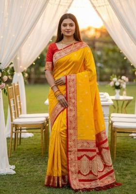 Yellow Zari Work Banarasi Saree Set