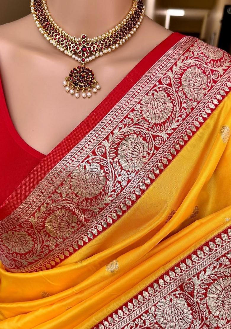 Yellow Zari Work Banarasi Saree Set - Indya