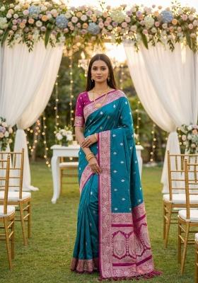 Teal Zari Work Banarasi Saree Set