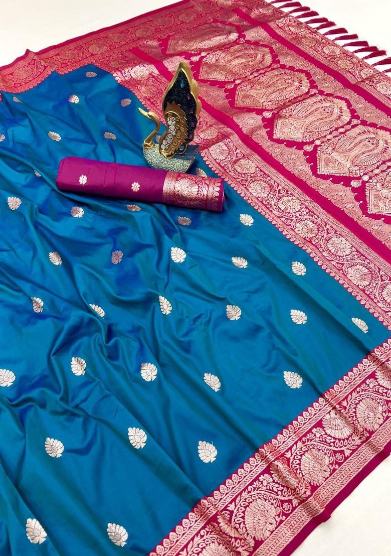 Teal Zari Work Banarasi Saree Set - Indya
