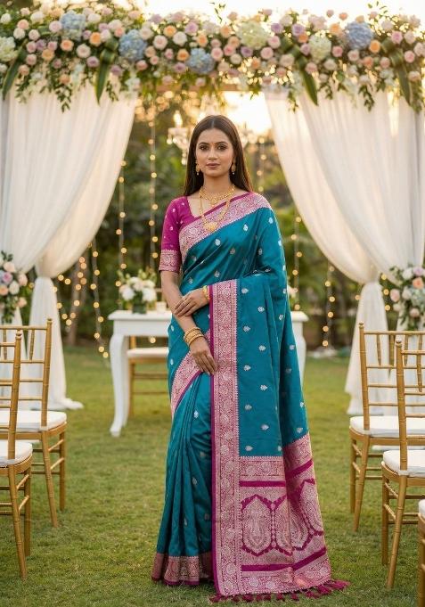 Teal Zari Work Banarasi Saree Set