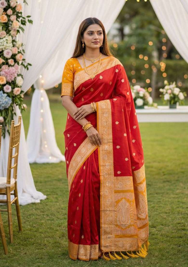 Red Zari Work Banarasi Saree Set for Diwali and Festive Wear - Indya