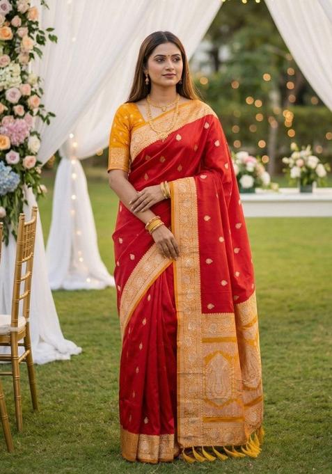 Red Zari Work Banarasi Saree Set