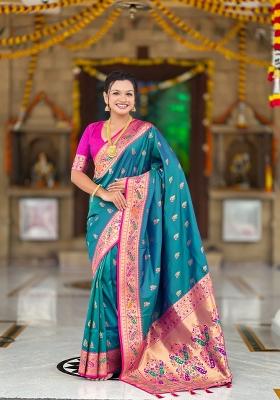 Teal Zari Work Banarasi Saree Set