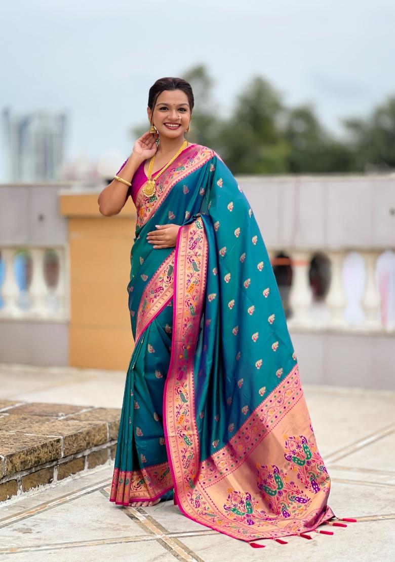 Teal Zari Work Banarasi Saree Set - Indya