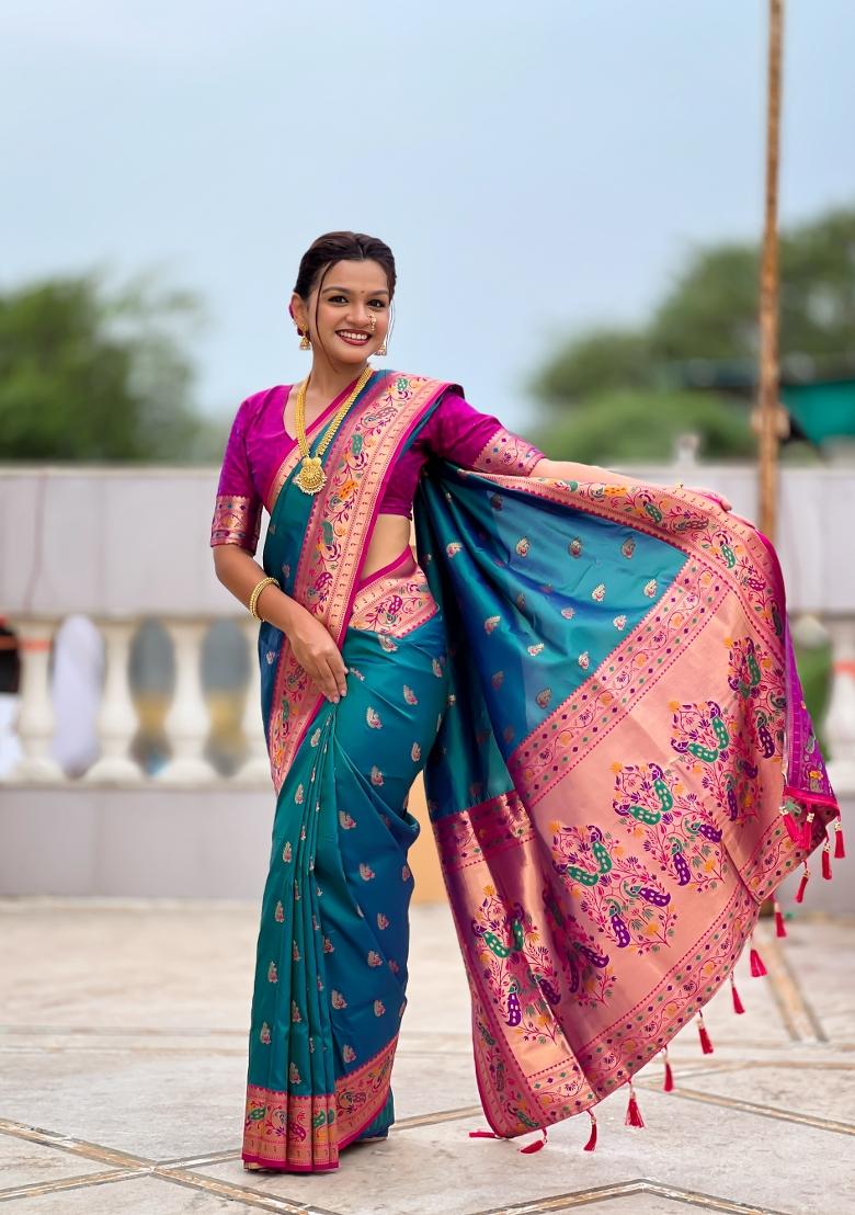 Teal Zari Work Banarasi Saree Set - Indya