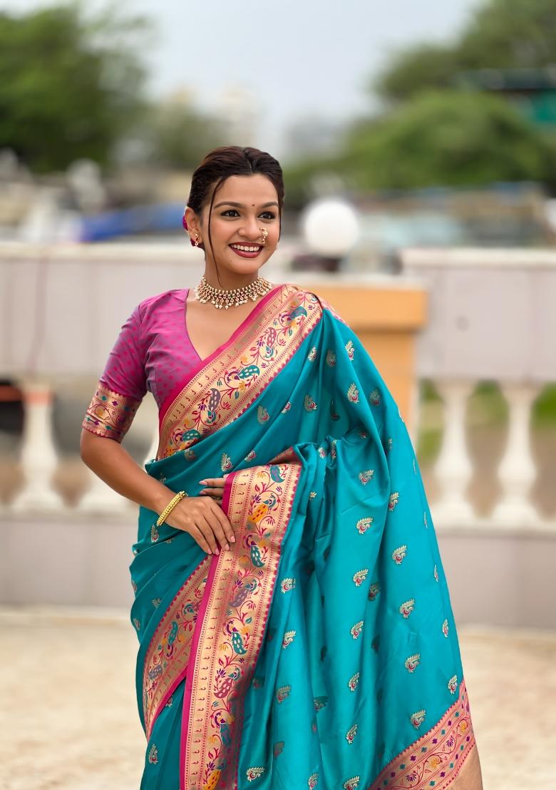 Sky Blue Zari Work Banarasi Saree Set - Indya