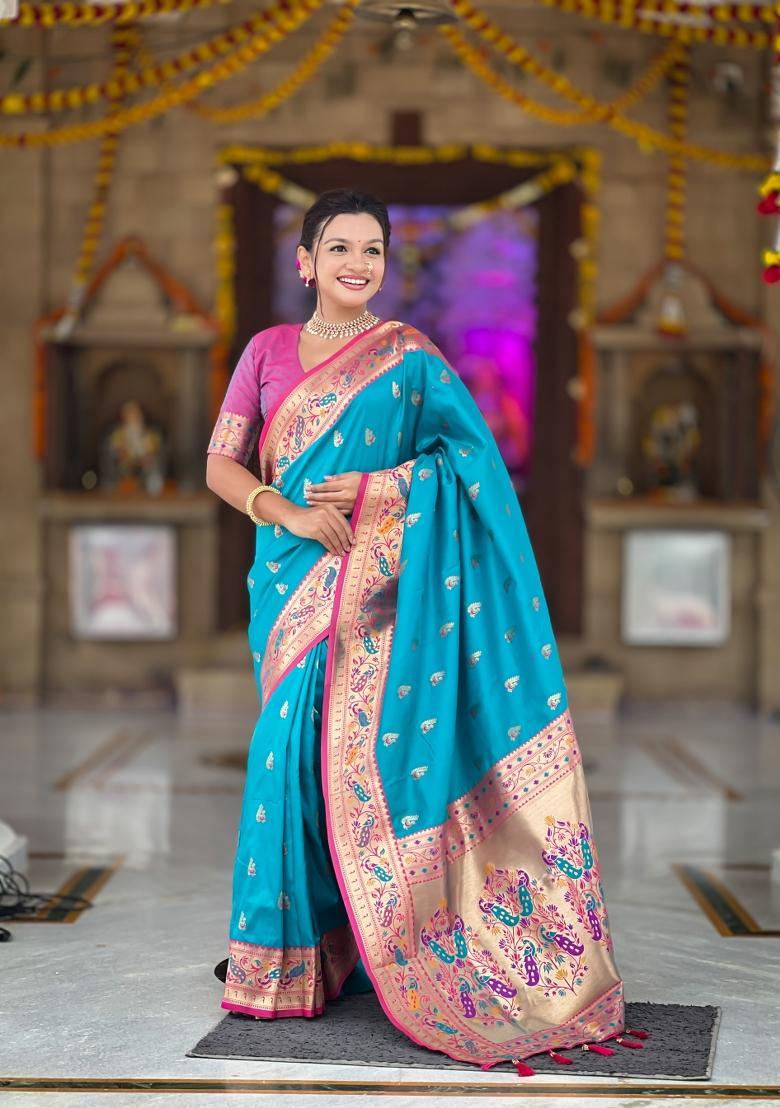 Sky Blue Zari Work Banarasi Saree Set - Indya