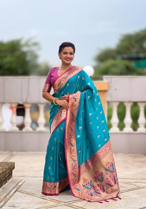 Sky Blue Zari Work Banarasi Saree Set