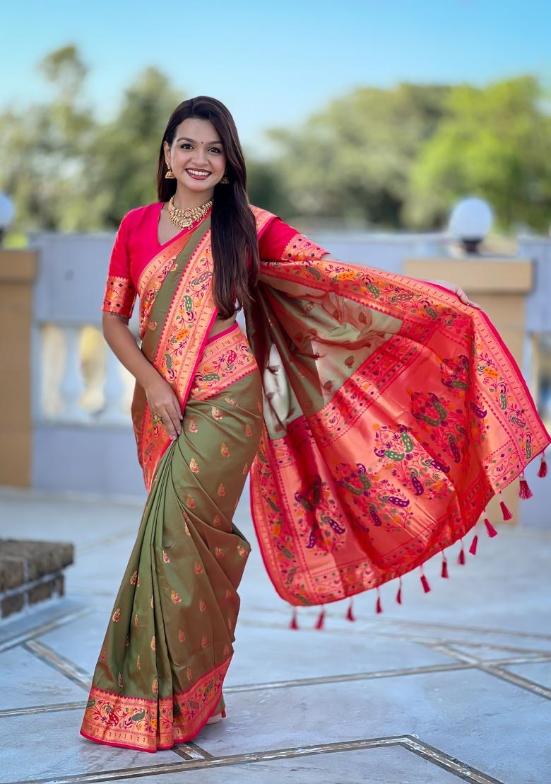 Green Zari Work Banarasi Saree Set - Indya